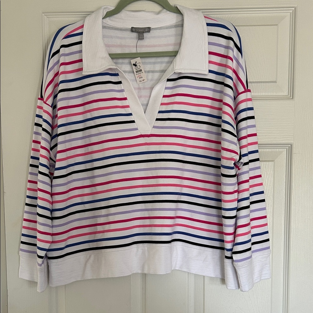 Talbots White Pullover Rugby Top with Pink, Blue & Black Stripes
